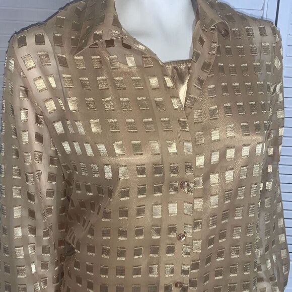 Vintage 90’s Gold Sheer Long Sleeve Button Down Shirt with Matching Gold Sleevel - Picture 5 of 13
